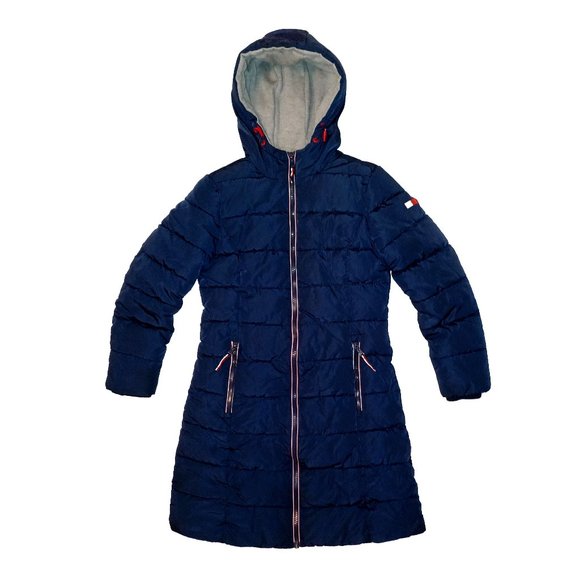 Women's Tommy Hilfiger Deep Blue Puffer Hooded Jacket 3 Pockets Maroon Lining S - Picture 1 of 15